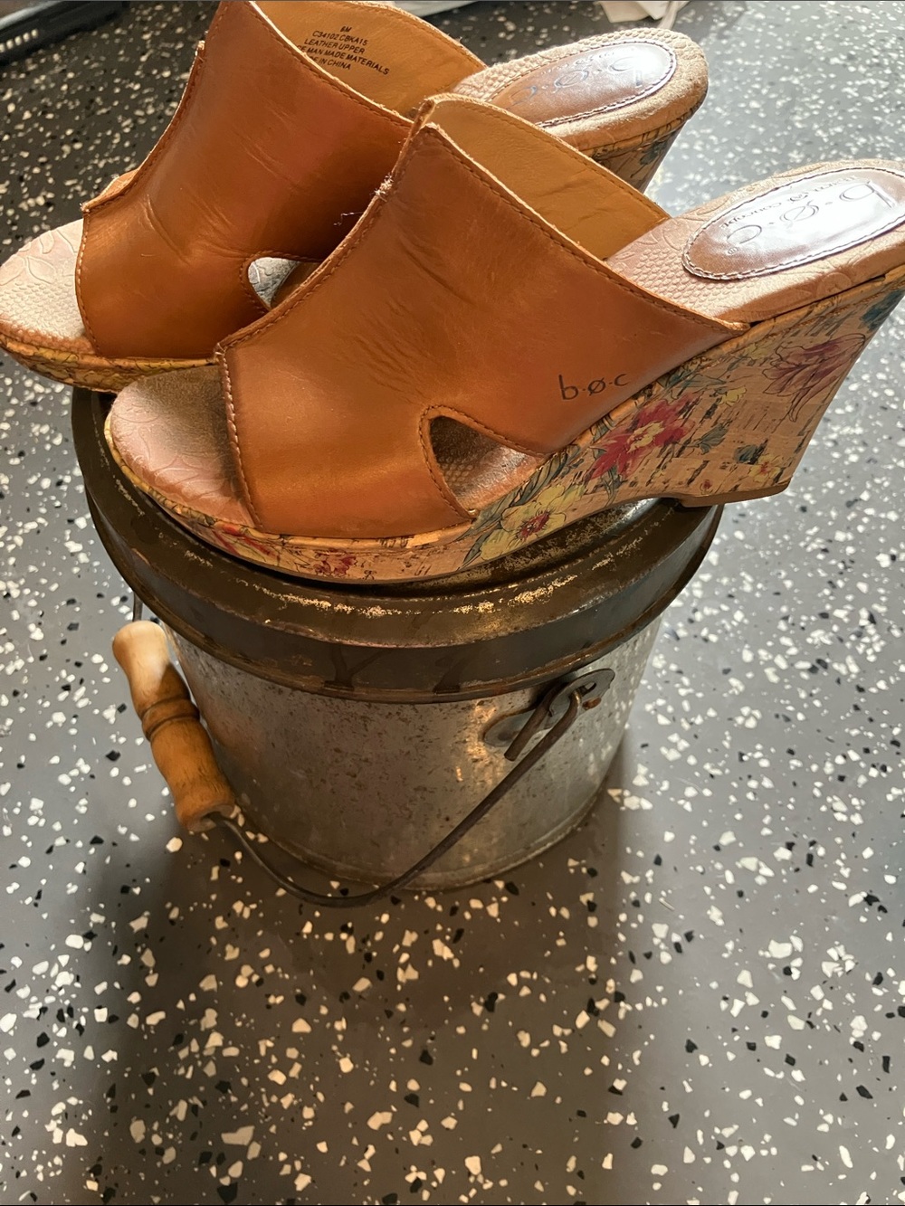 b.o.c. Brown Leather Floral Cork Wedge Mules